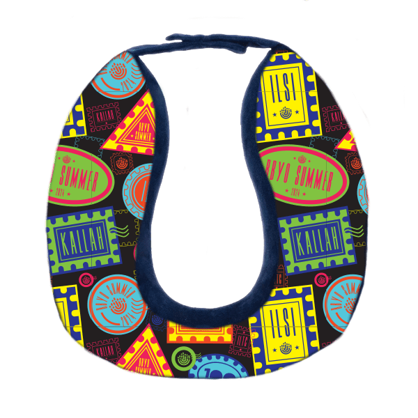 FY25 Travel Pillow Mockup travel neck pillow with stamp design all around it that has BBYO Summer, ILSI, Kallah, and ILTC written inside the stamps.