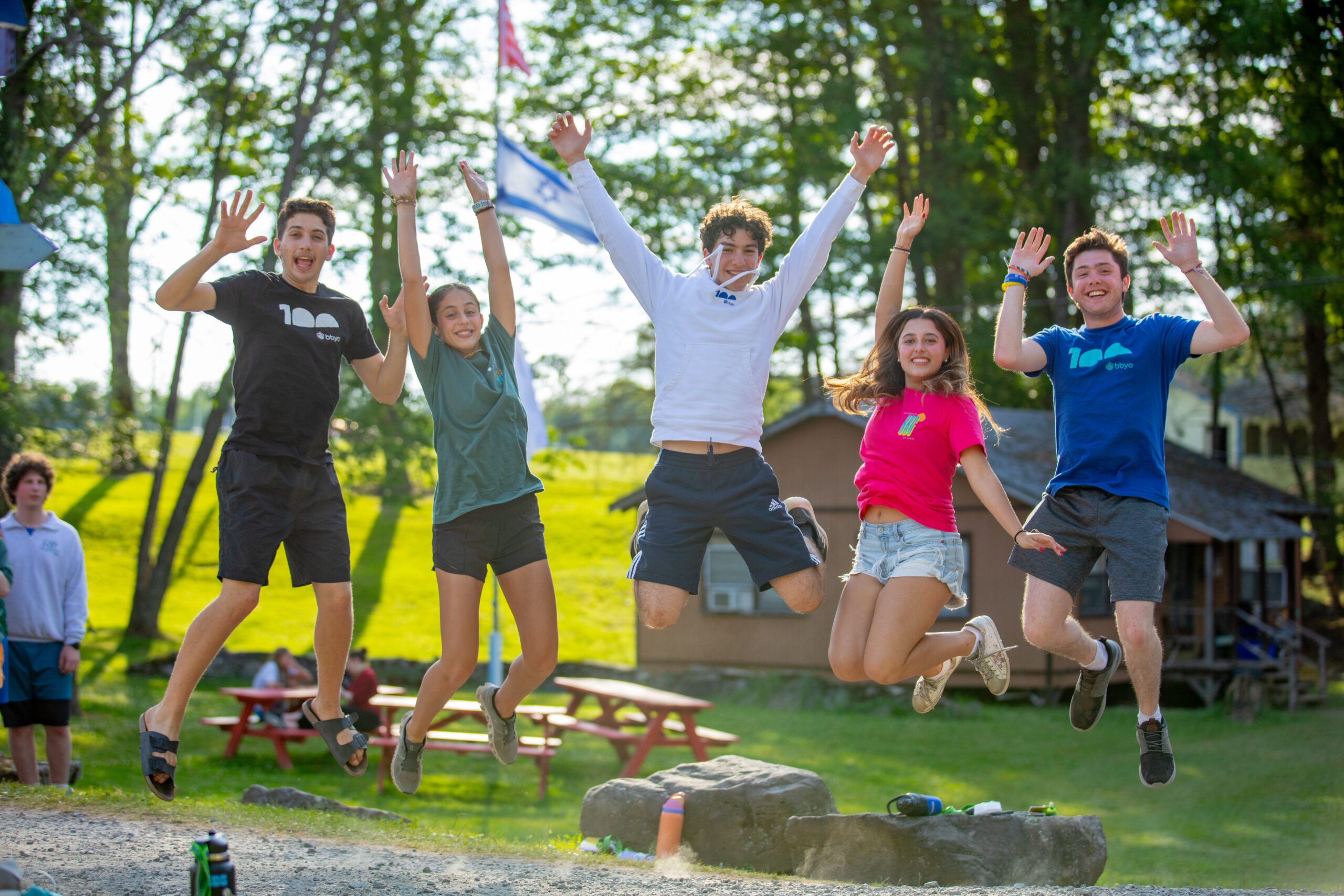 Five teens, wearing casual summer clothing, joyfully jump into the air with their arms raised, smiling towards the camera. The group is outdoors in a sunny park-like setting with trees and picnic tables in the background. Two flags, including an Israeli flag, can be seen flying in the distance. The scene captures the excitement and energy of a summer camp experience.