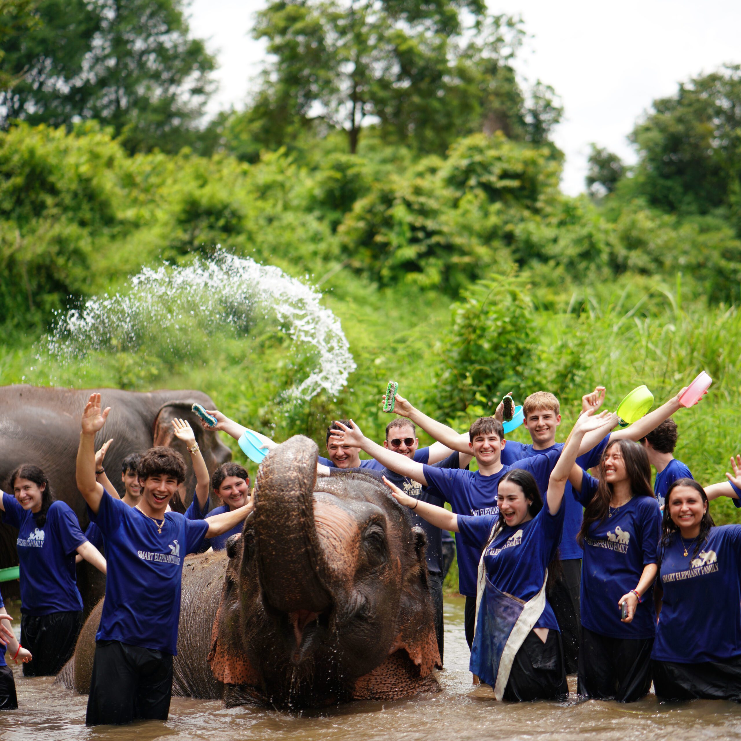 Stand-UP-Adventure-Thailand_Header-Photo_Square_DSC00608_1 A group of teens in matching blue shirts cheer and smile while bathing an elephant in a river. The elephant sprays water from its trunk as everyone raises their arms in excitement.